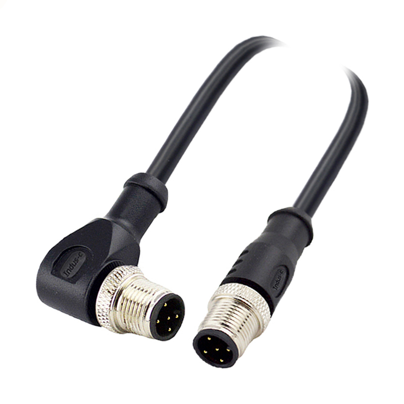 M12 5pins A code male straight to male right angle molded cable,unshielded,PVC,-10°C~+80°C,22AWG 0.34mm²,brass with nickel plated screw